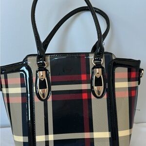 Black and Red Plaid Tote bag gold hardware hard outer shell